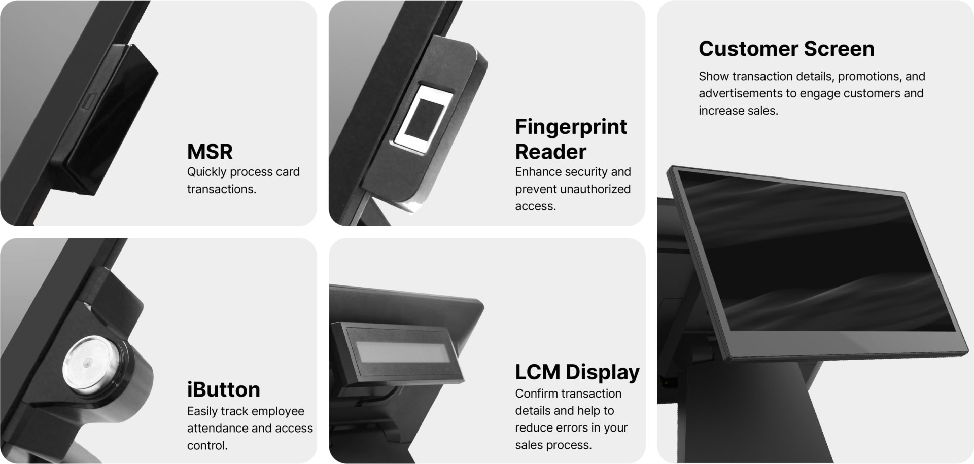 BOXTEC Core 4 POS peripherals, MSR, iButton, fingerprint reader, customer screen, LCM display.