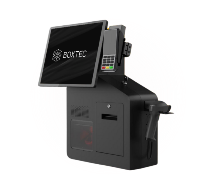 BOXTEC Edge X self-service checkout kiosk, countertop model, front view.
